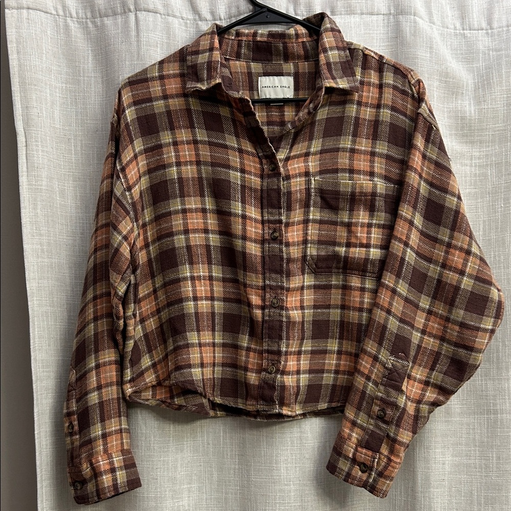 American Eagle Outfitters Brown/Orange Plaid Cropped Shirt